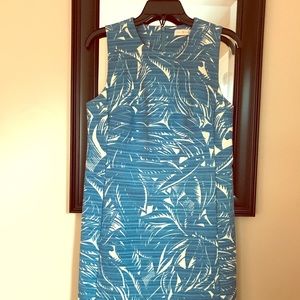 Tropical patterned aqua and ivory, cocktail dress.
